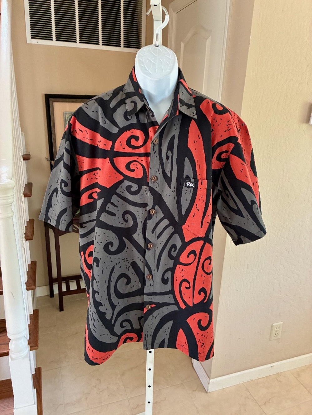 Rix Hawaiian Shirt Gray Orange Geometric Tribal Pattern Short Sleeve XL